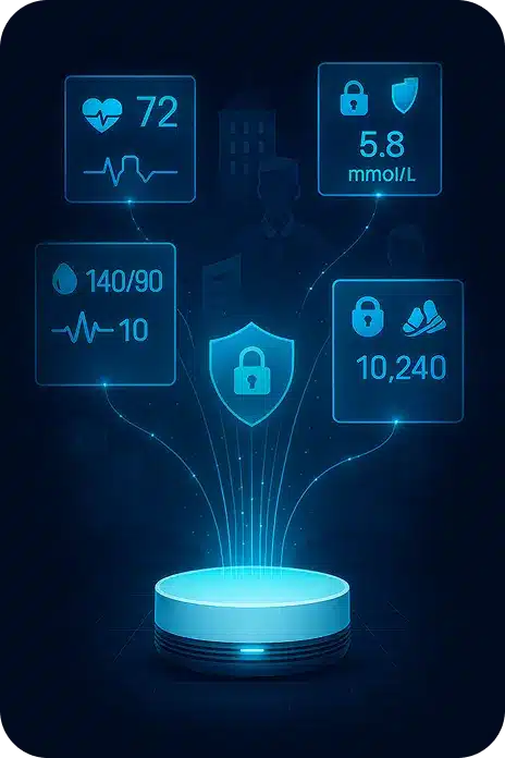 Illustration of Overcome Health AI platform processing live biometric data including heart rate, blood pressure, glucose level, and activity securely