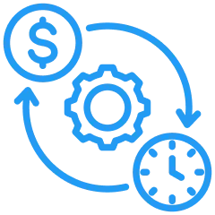 Blue icon showing dollar sign, gear, and clock representing Overcome's cost-effective and scalable healthcare model
