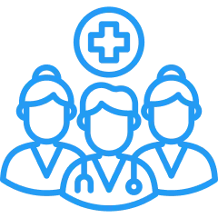 Blue icon of three healthcare workers under a medical cross, symbolizing empowered rural health teams